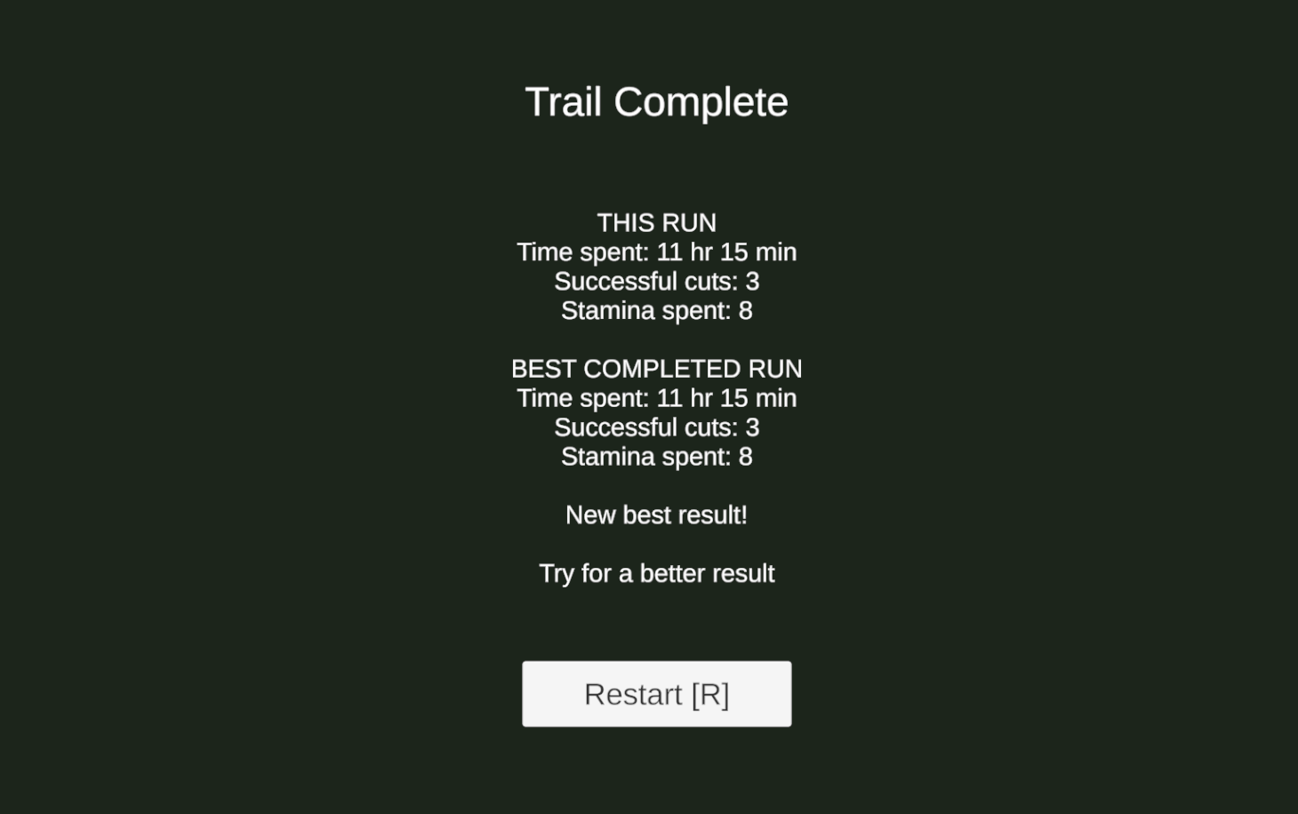 Trail Complete screen comparing this run with the best completed run