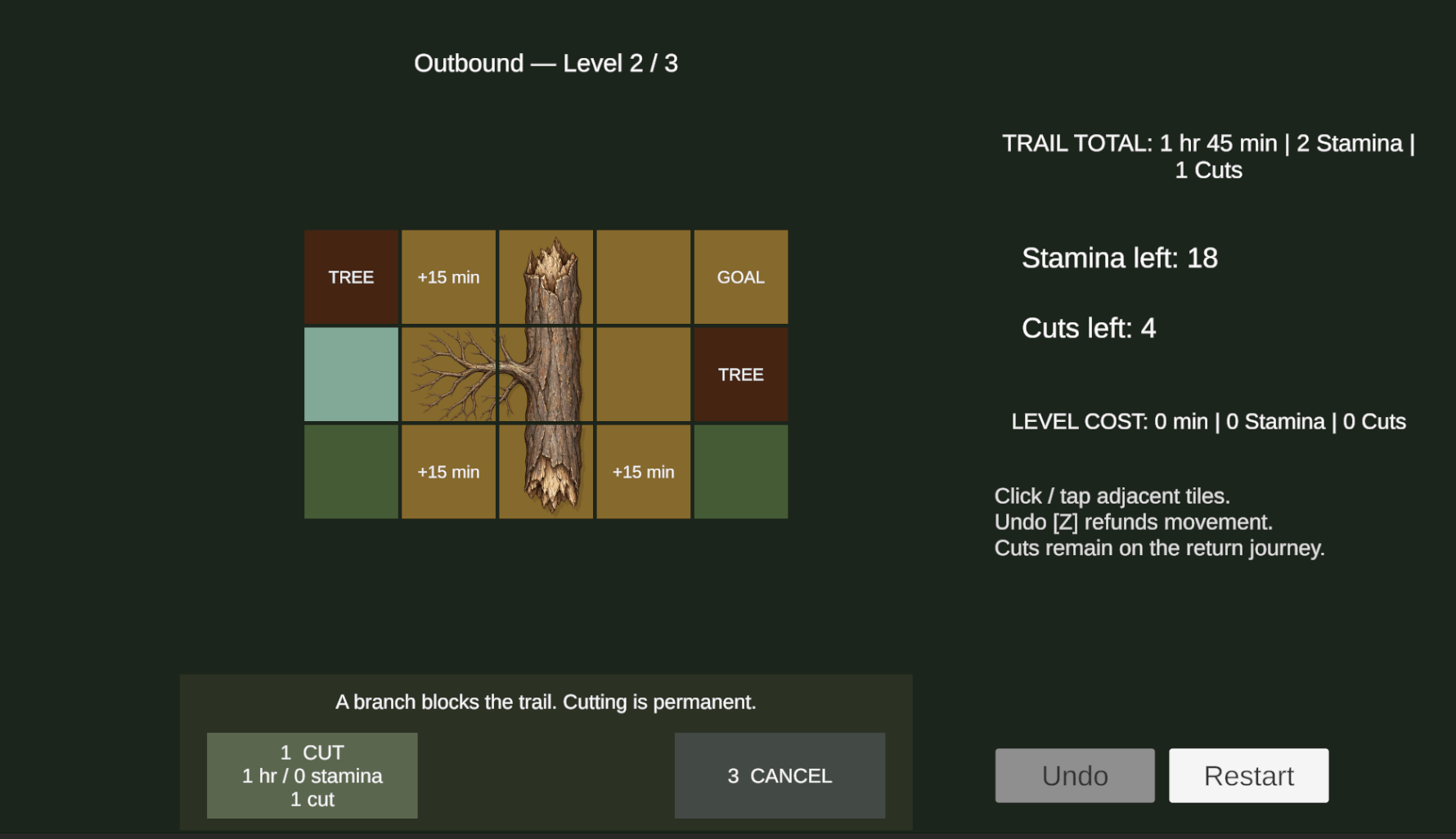 Outbound level 2 with a branch-cut prompt showing one hour, zero stamina, and one cut