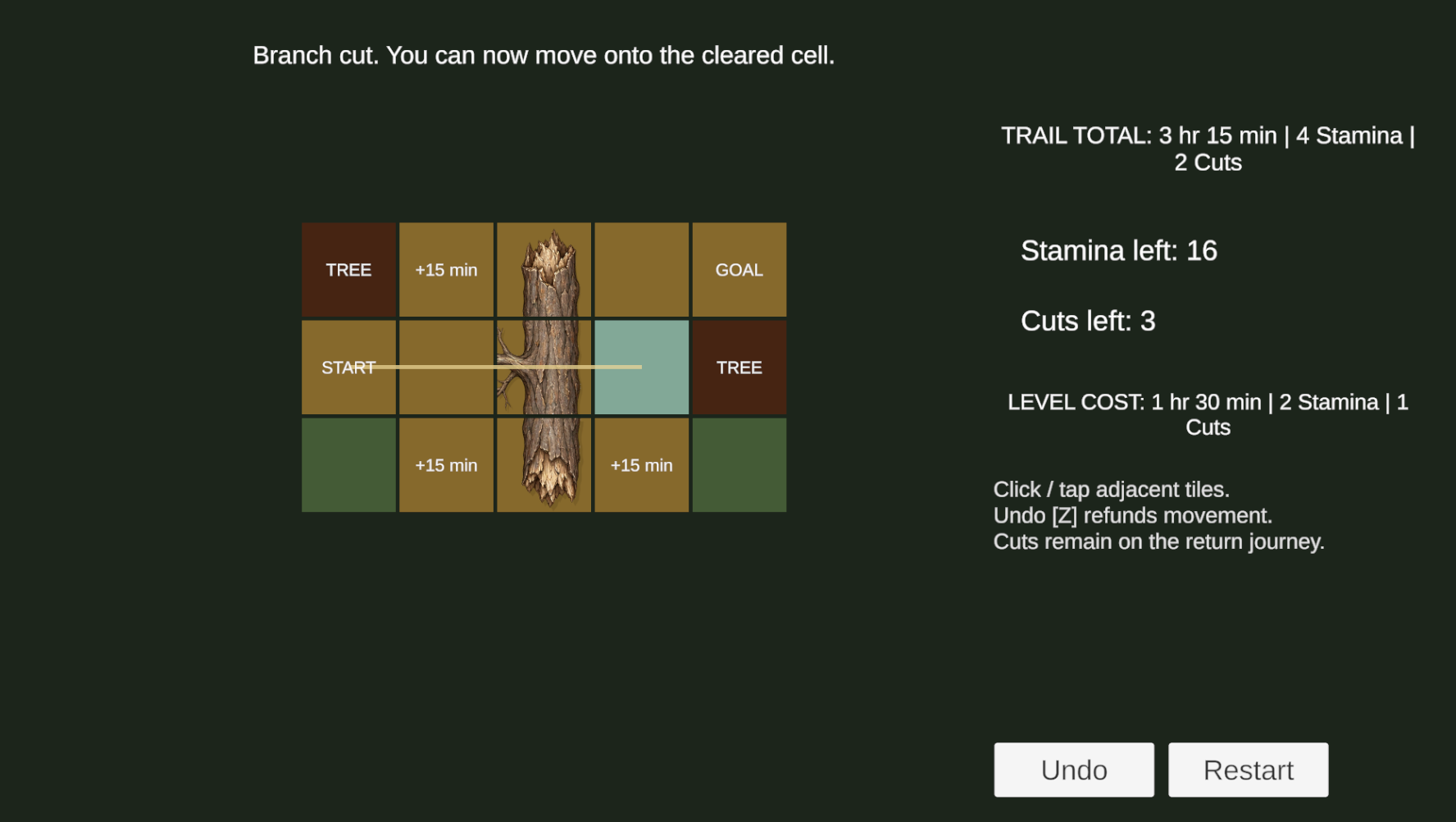 Deadfall gameplay with a cleared branch, a route across the fallen tree, and time, stamina, and cut totals