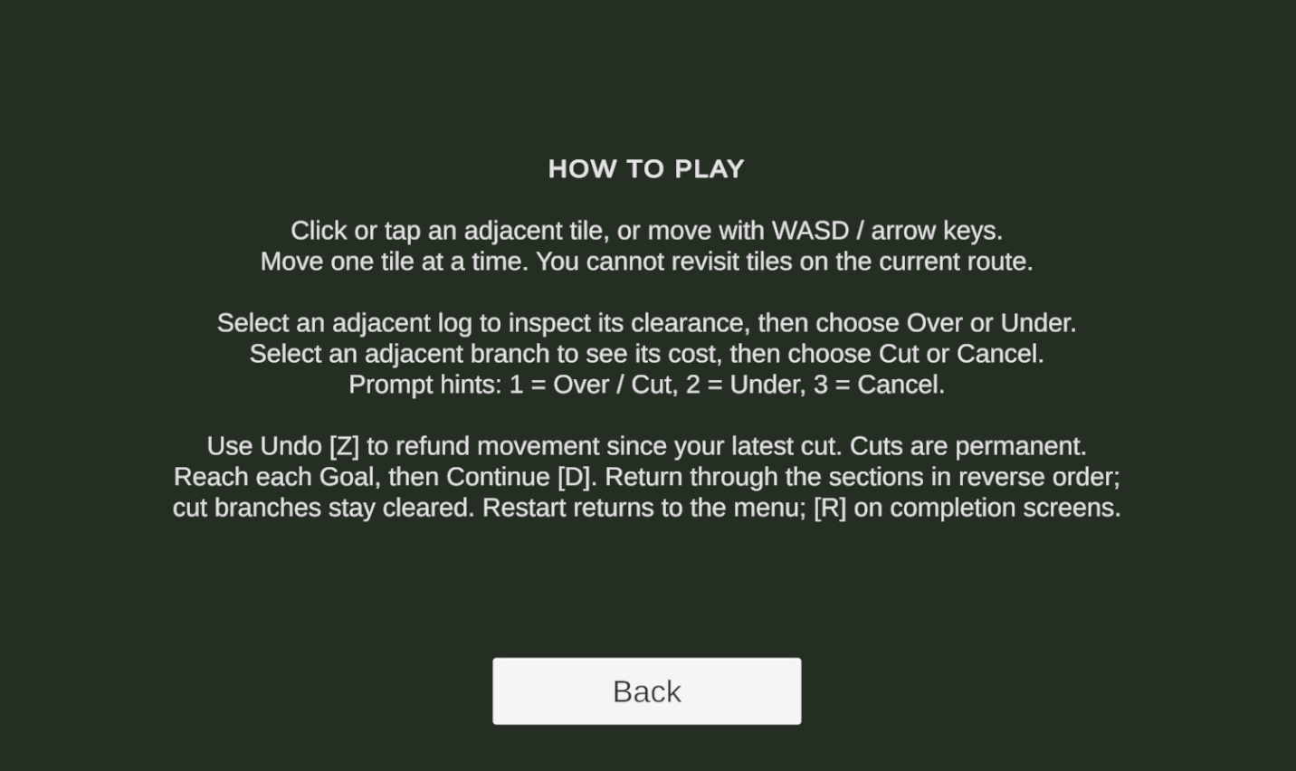 Deadfall How to Play screen explaining movement, log crossings, branch cuts, undo, and the return journey