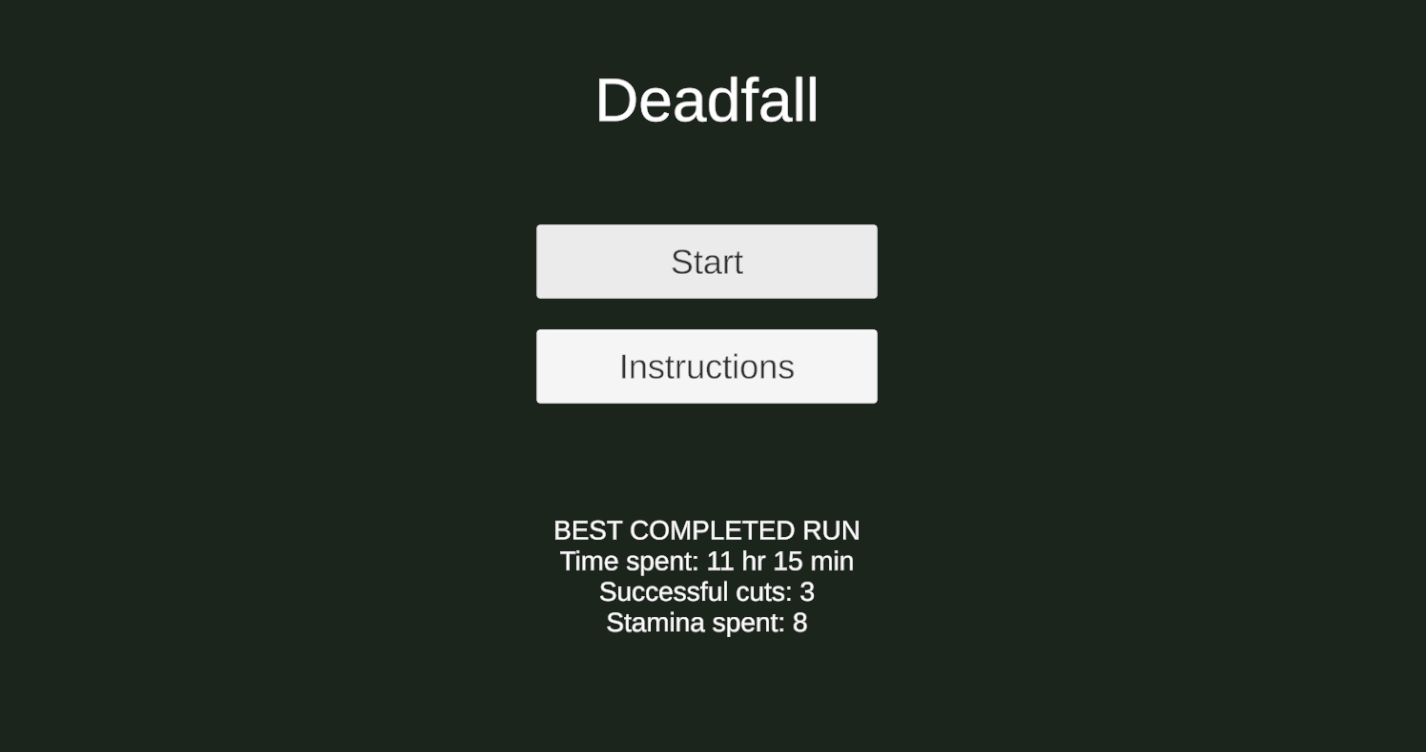 Deadfall start menu with Start, Instructions, and a saved best completed run